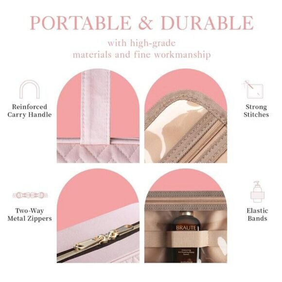 Pink Hanging Toiletry Bag Travel Makeup Organizer Waterproof Large Compartments - Picture 6 of 7